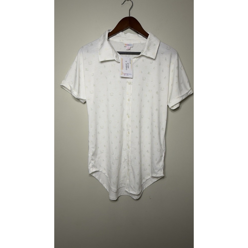 LuLaRoe Charlie Shirt Womens Small NWT White Sailboat Print Short Sleeve Button